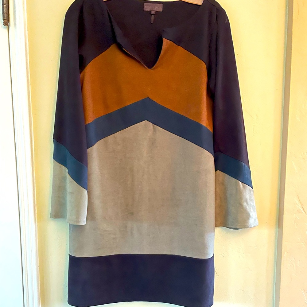 Retro Faux-suede mini dress, by Hale Bob, size M, color blocked